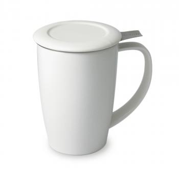 white curve tall tea mug with infuser and lid
